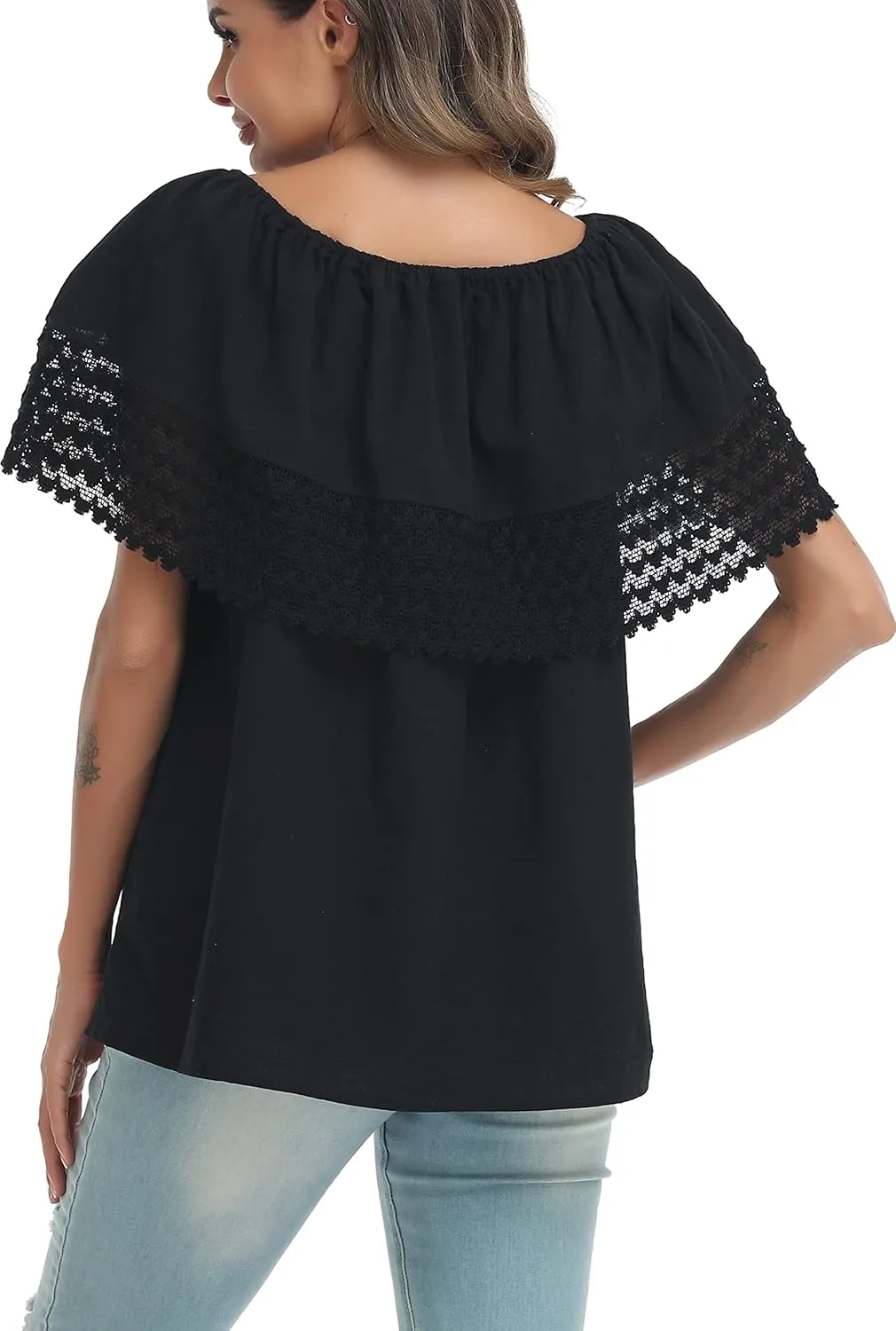 YZXDORWJ Women Mexican Embroidered Off-Shoulder Shirt Lace Falbala Top