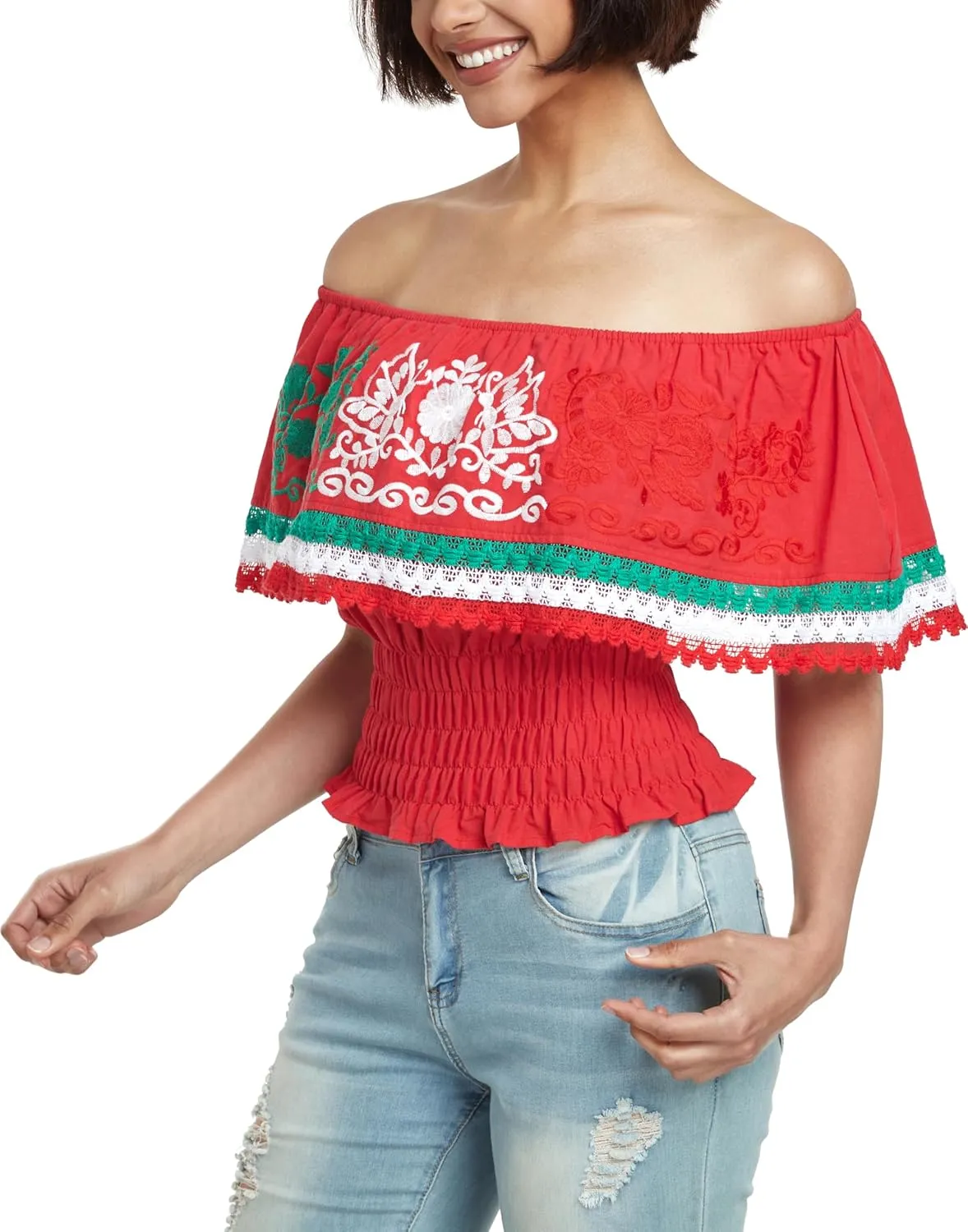 YZXDORWJ Women Mexican Embroidered Off-Shoulder Shirt Lace Falbala Top