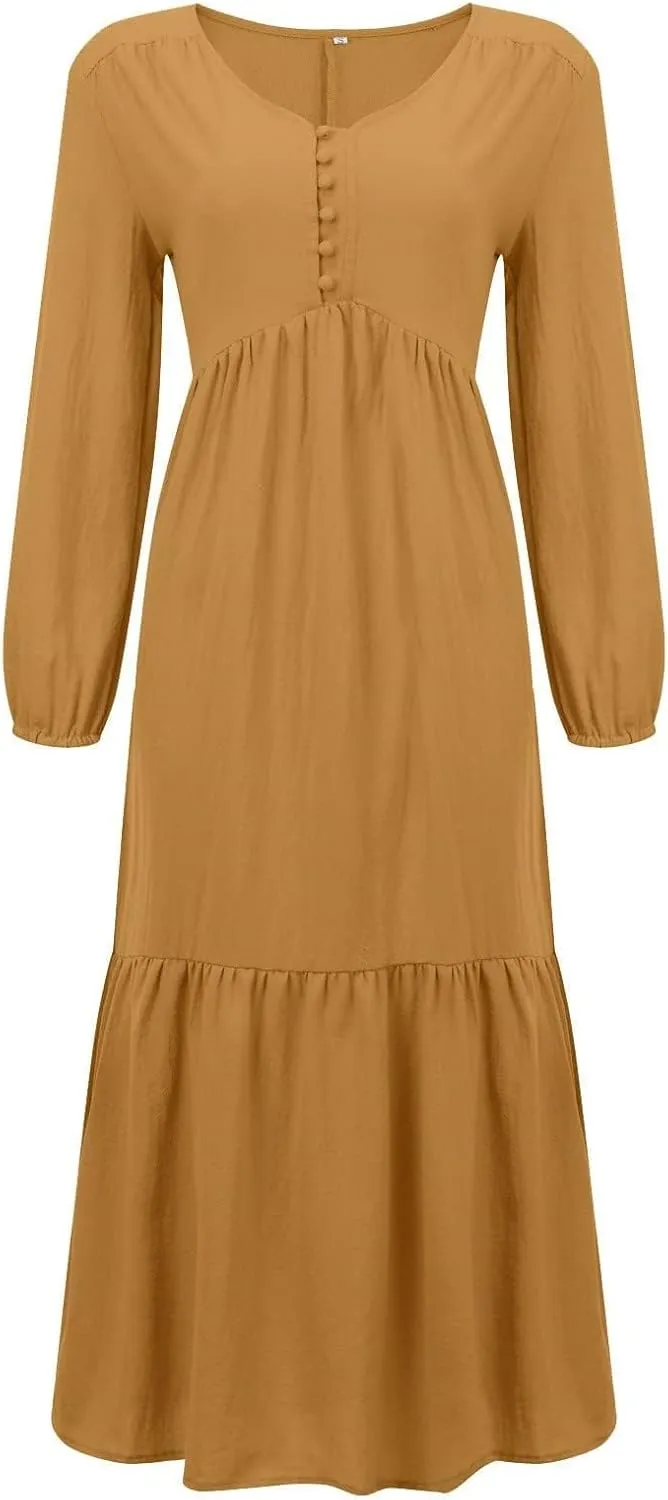 ZWRXW Fall Fashion Linen Dresses for Women Button Front V Neck A Line Dress Long Sleeve Pleated Tiered Ruffle Maxi Dresses