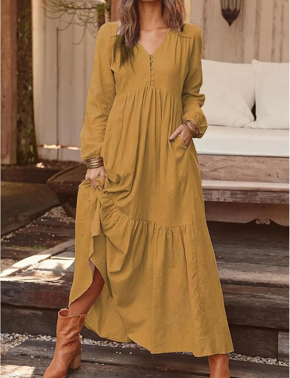 ZWRXW Fall Fashion Linen Dresses for Women Button Front V Neck A Line Dress Long Sleeve Pleated Tiered Ruffle Maxi Dresses