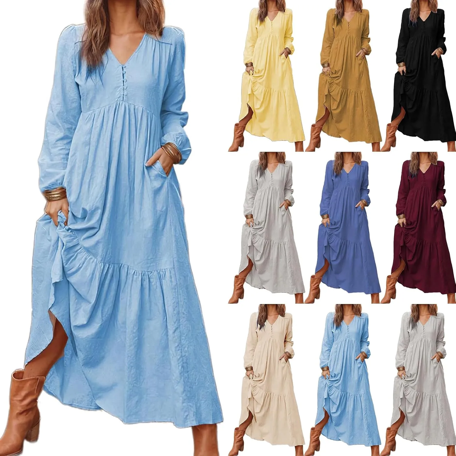 ZWRXW Fall Fashion Linen Dresses for Women Button Front V Neck A Line Dress Long Sleeve Pleated Tiered Ruffle Maxi Dresses