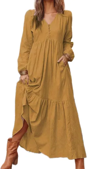 ZWRXW Fall Fashion Linen Dresses for Women Button Front V Neck A Line Dress Long Sleeve Pleated Tiered Ruffle Maxi Dresses